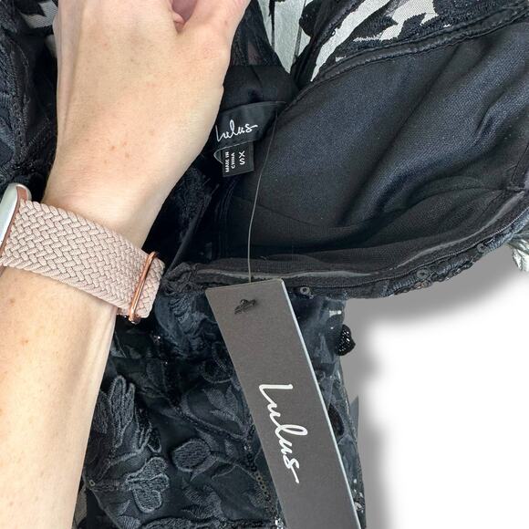 Lulus NWT Midnight Sparkle Black Embroidered Feather Bustier Maxi Dress XS - Picture 12 of 13